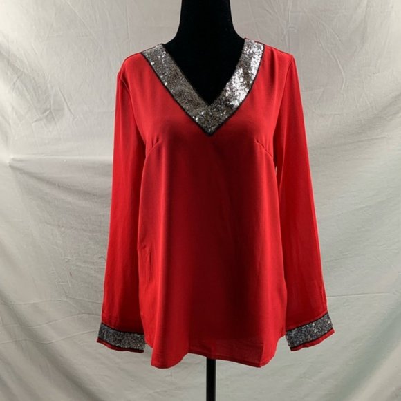 Red Contrast Sequin Mesh Sleeve Blouse - Picture 5 of 8